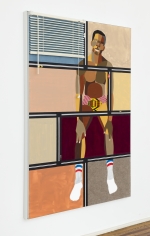 Derrick Adams "Figure in the Urban Landscape 12", 2017 Acrylic, graphite, ink, fabric on paper collage, grip tape, and model cars on wood panel 72-1/2 x 48-1/2 inches