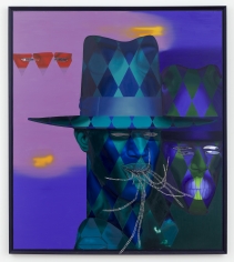 Jeff Sonhouse "Rhetoric Reflux", 2017 Oil, glass, paperclips, and precision blades on fiberboard with artist's frame 71-3/8 x 63 x 28 inches