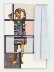Derrick Adams "Figure in the Urban Landscape 11", 2017 Acrylic, graphite, ink, fabric on paper collage, grip tape, and model cars on wood panel 72-1/2 x 48-1/2 inches