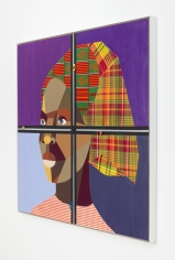Derrick Adams "Figure in the Urban Landscape 3", 2017 Acrylic, graphite, ink, fabric on paper collage, grip tape, and model cars on wood panel 48-1/2 x 48-1/2 x 2-1/8 inches