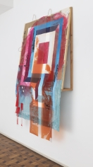 Tomashi Jackson "Red Light District (Orange Juice) (Supreme Court of Brooklyn Protest)", 2019 Acrylic, image transfer and oil on muslin and gauze with digital prints on vinyl 79 1/2 x 54 inches