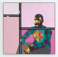Derrick Adams "Figure in the Urban Landscape 7", 2017 Acrylic, graphite, ink, fabric on paper collage, grip tape, and model cars on wood panel 48-1/2 x 48-1/2 x 2-1/8 inches