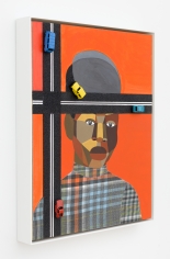 Derrick Adams "Figure in the Urban Landscape 1", 2017 Acrylic, graphite, ink, fabric on paper collage, grip tape, and model cars on wood panel 20-1/2 x 16-1/2 x 2-1/8 inches