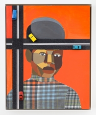 Derrick Adams "Figure in the Urban Landscape 1", 2017 Acrylic, graphite, ink, fabric on paper collage, grip tape, and model cars on wood panel 20-1/2 x 16-1/2 x 2-1/8 inches