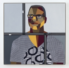 Derrick Adams "Figure in the Urban Landscape 8", 2017 Acrylic, graphite, ink, fabric on paper collage, grip tape, and model cars on wood panel 48-1/2 x 48-1/2 x 2-1/8 inches