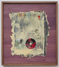 Noel Anderson "Quadrants", 2013 Custom woven tapestries, polyurethane foam, acrylic, wire, CD and oil bar in Sepala & African Purple Heart wood frame 27-1/2 x 25 inches