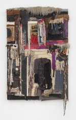 Noah Purifoy "Rags & Old Iron II (after Nina Simone)", 1989 Fabric, burlap, embroidery, thread, paper bag handles, acrylic paint, charred wood, acrylic shag, on wood support 62-1/2 x 40-1/2 x 6 inches