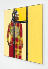 Derrick Adams "Figure in the Urban Landscape 6", 2017 Acrylic, graphite, ink, fabric on paper collage, grip tape, and model cars on wood panel 48-1/2 x 48-1/2 x 2-1/8 inches