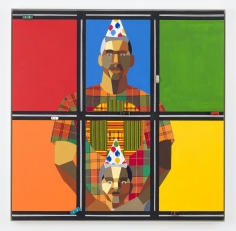 Derrick Adams "Figure in the Urban Landscape 10", 2017 Acrylic, graphite, ink, fabric on paper collage, grip tape, and model cars on wood panel 48-1/2 x 48-1/2 x 2-1/8 inches