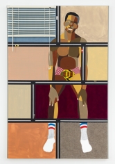 Derrick Adams "Figure in the Urban Landscape 12", 2017 Acrylic, graphite, ink, fabric on paper collage, grip tape, and model cars on wood panel 72-1/2 x 48-1/2 inches