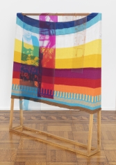 Tomashi Jackson "Color Study (Mayor Doubles Down) (Same Old, Same Old)", 2019 Acrylic fiber, digital prints on vinyl on wood 55-1/4 x 47 x 8 inches