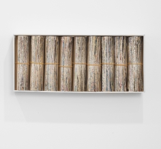 Jarbas Lopes "Caixa de Revista (Magazine Box)", 2013 9 newspaper magazines rolled with rubber bands 12 x 27 x 3 inches