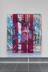 Tomashi Jackson "Time and Space (1948 End of Voter Registration Line)(1965 LBJ Signs the Voting Rights Act)", 2020 Acrylic, Pentelic marble, Ohio Underground Railroad site soil, American electoral ephemera, and paper bags on canvas and fabric, 89 3/8 x 83 3/4 x 8 inches