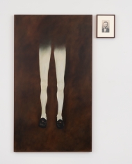 Kim Dingle, "Lincoln's Legs in Loafers with Photo", 1991, framed painting and photograph, 84-1/2 x 48-3/4 inches (painting), 14-1/2 x 11-1/2 inches (photograph).