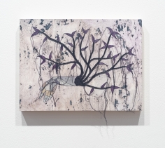 Felipe Baeza "una forma oscura, embedded in the flesh I", 2019 Ink, graphite, acrylic, flashe, cut paper, embroidery, and varnish on panel 9 x 12 x 1 inches