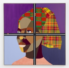Derrick Adams "Figure in the Urban Landscape 3", 2017 Acrylic, graphite, ink, fabric on paper collage, grip tape, and model cars on wood panel 48-1/2 x 48-1/2 x 2-1/8 inches