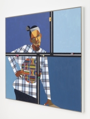 Derrick Adams "Figure in the Urban Landscape 5", 2017 Acrylic, graphite, ink, fabric on paper collage, grip tape, and model cars on wood panel 48-1/2 x 48-1/2 x 2-1/8 inches