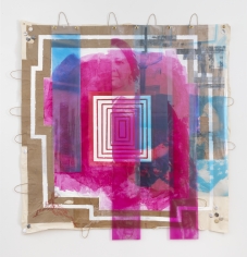 Tomashi Jackson "Mary Lyons, Yudy Ventura & the Co-op Women (Red Line/Red Scare)", 2019 Acrylic, oil, and image transfer on paper and muslin with digital prints on vinyl on paper and muslin 76 3/4 x 75 1/4 inches