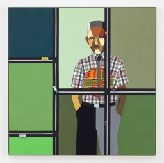 Derrick Adams "Figure in the Urban Landscape 9", 2017 Acrylic, graphite, ink, fabric on paper collage, grip tape, and model cars on wood panel 48-1/2 x 48-1/2 x 2-1/8 inches