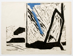 Donald Judd's Untitled Woodcut in black and blue on Japanese wove paper, created 1955-56, measuring 20 x 26 x 1 3/4 in. (50.8 x 66 x 4.4 cm) Dated "55" bottom left and signed "Judd" bottom right recto