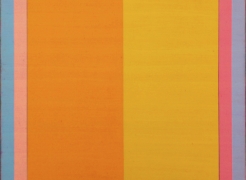 Steven Alexander, Reverb 9, 2018, Oil and acrylic on linen, 72 x 48 inches, Signed and titled on the verso, Vertical rectangles in yellow, lilac, orange and blue, Steven Alexander is an American artist who makes abstract paintings characterized by luminous color, sensuous surfaces and iconic configurations.