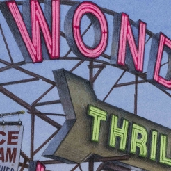watercolor painting of the Wonder Wheel sign in Coney Island