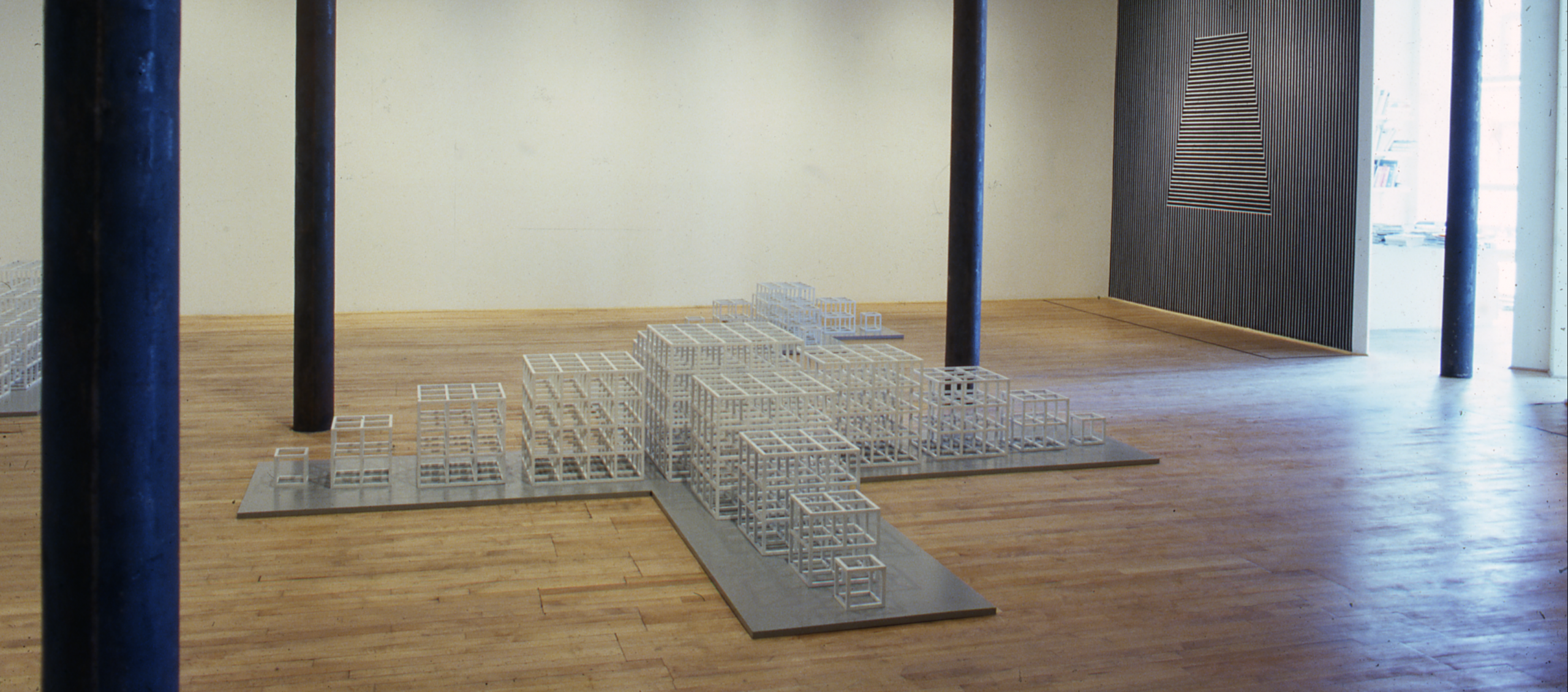 Installation view at Rhona Hoffman Gallery, Sol LeWitt, New Structures, Wall Drawing, Drawings, 1980.