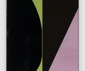 An abstract composition of large black shapes on top of pink, green, and gray color blocks, slightly shiny