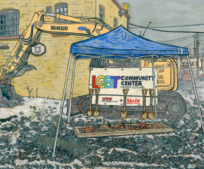 Drawing of construction site of LGBT Community Center featuring shovels, a backhoe and a pop-up tent