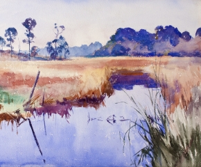 Colorful watercolor by Frank W. Benson of a river in Alabama (detail).