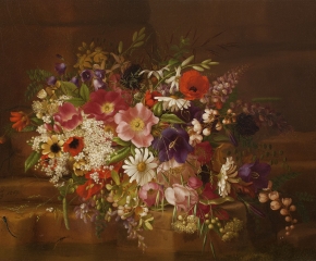 Adelheid Dietrich (1827–1891), Still Life with Flowers, 1869, oil on board, 13 3/4 x 17 in. (detail)