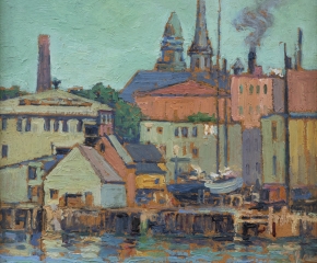 Harriet Randall Lumis (1870–1953), Gloucester Wharf, c. 1920, oil on canvas, 12 x 10 in. (detail), colorful scene of buildings and boats on the docks of Gloucester, Massachusetts
