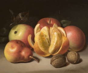 Peter Baumgras (1827–1903), Still Life: Apples, Orange, Pear and Nuts, c. 1860, 8 x 10 in. (detail)