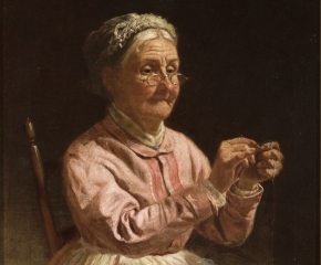 Thomas Waterman Wood (1823-1903), Threading a Needle, oil on canvas, 10 x 12 in. (detail)