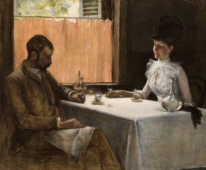 Irving Ramsey Wiles (1861–1948), The Loiterers, 1887, oil on canvas, 18 x 24 in. (detail). The artist and his wife seated in a Parisian cafe.