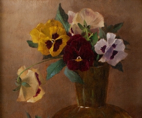Claude Raguet Hirst (1855–1942) Pansies in a Glass Vase, c. 1882. Oil on canvas, 12 x 9 in. (detail)