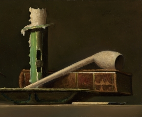 John F. Peto (1854–1907), Still Life with Green Candlestick and Book, c. 1890, oil on panel, 6 x 9 in. (detail)