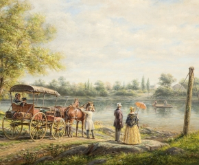 Edward Lamson Henry (1841–1919), Waiting for the Ferry, 1906. Oil on canvas, 14 x 24 1/4 in. (detail).