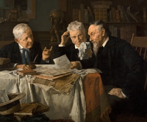 Louis Charles Moeller, (1855–1930), A Discussion, c. 1890, oil on canvas, 18 x 24 in. (detail)