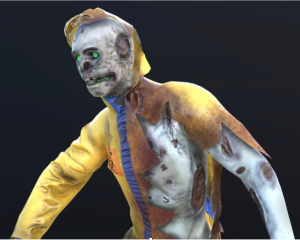 Video still from Late Heavy Bombardment featuring zombie figure in ripped and burned hazmat suit with partial skull face and glowing green eyes