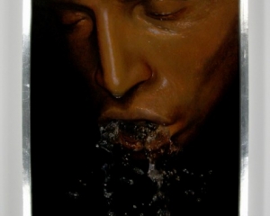 A painting of a man letting watch run out of his mouth