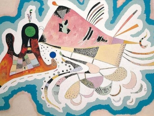 This image represents a painting by Kandinskt, titled, Voisinage, executed in 1939. The present work is an important composition from the artist's last great abstract period. The elements that build up Voisinage echo forms from the animal kingdom, such as the amoeba-like structures along the lower edge of the painting and the whale-shaped pink mass with its fish tail that dominates the center of the composition. This organic affinity imbues the painting with a wonderfully playful character and a vibrant sense of optimism and affirmation.