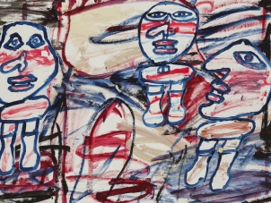 this image features a painting by jean Dubuffet representing three characters surrounded by an abstracted space.