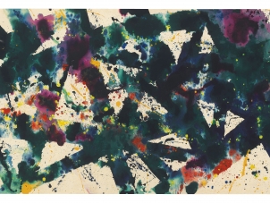 Sam Francis, Untitled (SF77-120) 1977-1978. This image represents an abstract painting by Sam Francis with colorful thick navy lines and purple red and yellow spots.