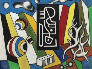 this image features a painting by Jean Dubuffettitled, Ciseaux I pruned in 1966, this painting represents an oversized pair of scissors depicted with his signature Hourloupe style which consists of thick red line, blue and red stripes.