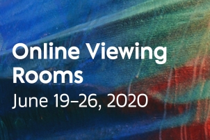 This is a flyer announcing Art Basel's Online Viewing Rooms June 9-26, 2020 gonna colorful blue abstract background.
