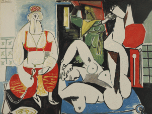 This image depict a painting by pablo Picasso titled the women of Algiers, version H, 24 January 1955. This composition depicts three Algerian women. Two occupying the front of the painting and one further in the background. One woman on the left is dressed in an oriental manner and smoking a yucca we can see two cups of tea on a tray in front of her. All the features to depict the figure are si plied and executed in a single line. The character is mostly depicted in white tons only the outfit is red. The second woman on the right side of the canvas is depicted naked and laying on a large blue pillow in a resting position with her arms behind her head and her two legs resting up against a red stool. The body and features are depicted in a single black line and all the forms are simplified. The woman in the background is depicted in a green dress holding a tray with a teapot on a black background.