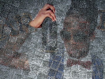 Wilmer Wilson IV TAR B (detail), 2018, staples and pigment print on wood, 96 x 48 x 1.5 inches