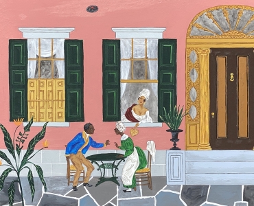 Detail of a painting by Andrew LaMar Hopkins titled Creole Tête-à-tête, from 2020