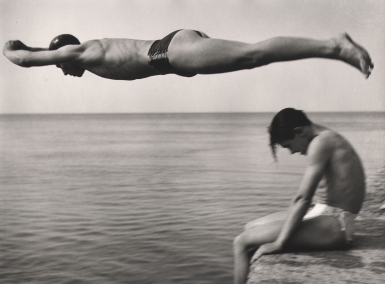 Nino Migliori, The Diver, 1951. One man jumps over another into the ocean.
